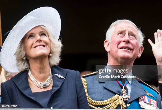 Prince Charles, Prince of Wales and Camilla, Duchess of Cornwall watch a flypast after a Service to mark the 77th anniversary of The Battle Of...