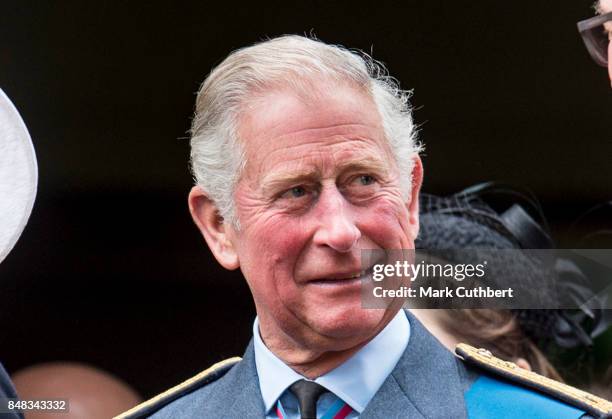 Prince Charles, Prince of Wales watches a flypast after a Service to mark the 77th anniversary of The Battle Of Britain at Westminster Abbey on...