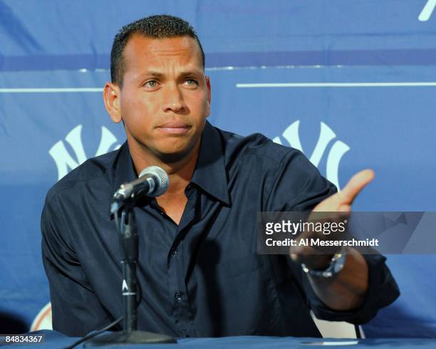 Infielder Alex Rodriguez of the New York Yankees pauses during a press conference about his performance enhancing drug use at the George Steinbrenner...