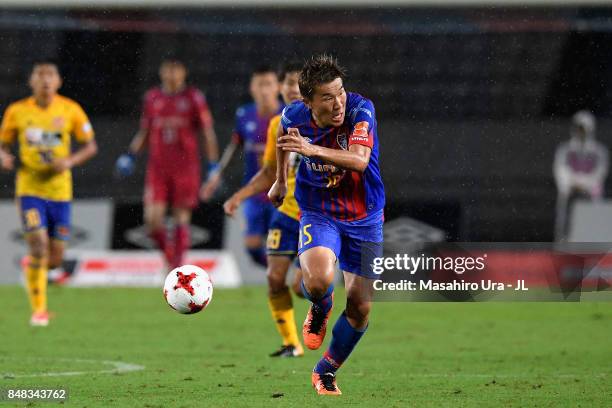 Kensuke Nagai of FC Tokyo in action during the J.League J1 match between FC Tokyo and Vegalta Sendai at Ajinomoto Stadium on September 16, 2017 in...