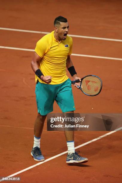 Nick Kyrgios of Australia celebrates winning the first set against David Goffin of Belgium during day three of the Davis Cup World Group semi final...