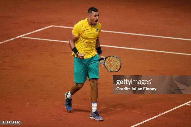 Nick Kyrgios of Australia celebrates winning the first set against David Goffin of Belgium during day three of the Davis Cup World Group semi final...
