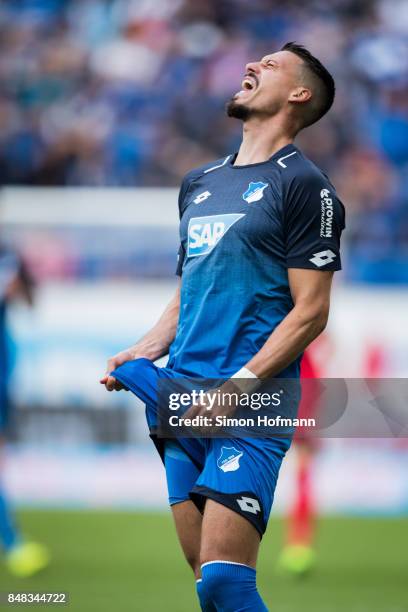 Sandro Wagner of Hoffenheim reacts during the Bundesliga match between TSG 1899 Hoffenheim and Hertha BSC at Wirsol Rhein-Neckar-Arena on September...