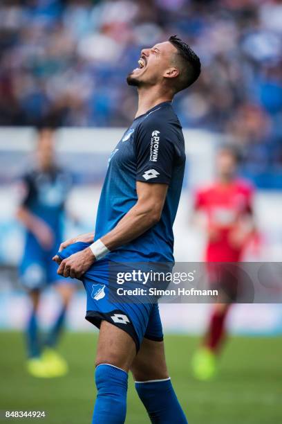 Sandro Wagner of Hoffenheim reacts during the Bundesliga match between TSG 1899 Hoffenheim and Hertha BSC at Wirsol Rhein-Neckar-Arena on September...