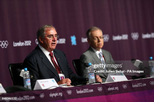 John Fahey and Rene Bouchard of the World Anti-Doping Agency at the WADA press conference in the MPC,Olympic Park in Stratford,London .Picture date:...