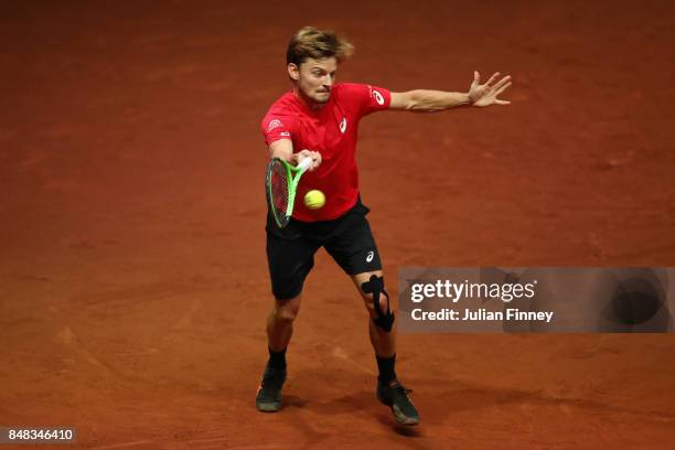 David Goffin of Belgium in action against Nick Kyrgios of Australia during day three of the Davis Cup World Group semi final match between Belgium...