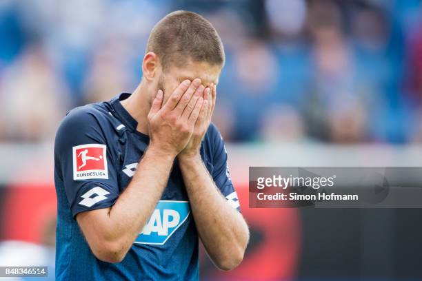 Andrej Kramaric of Hoffenheim reacts during the Bundesliga match between TSG 1899 Hoffenheim and Hertha BSC at Wirsol Rhein-Neckar-Arena on September...