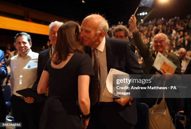 Liberal Democrat leader Sir Vince Cable embraces Jo Swinson MP after her speech during the second day of the Liberal Democrats Autumn Conference at...