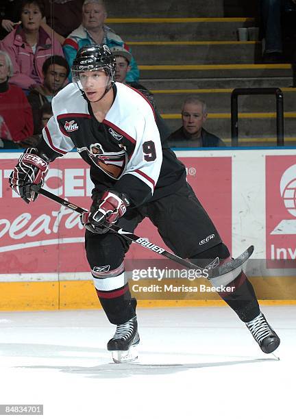 Evander Kane of the Vancouver Giants skates against the Kelowna Rockets at the Kelowna Rockets on February 13, 2009 at Prospera Place in Kelowna,...