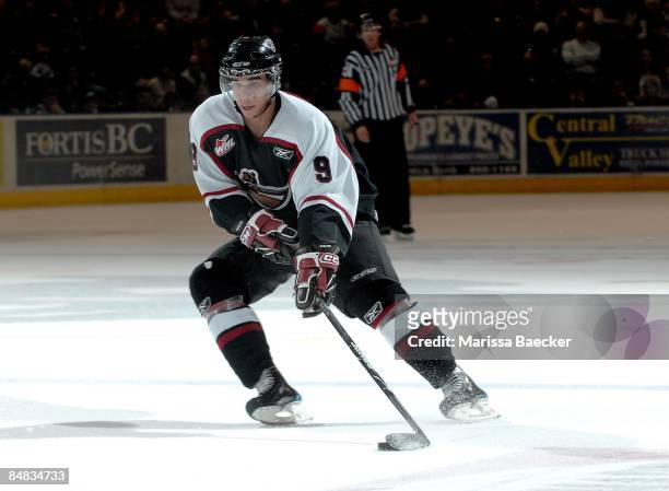 Evander Kane of the Vancouver Giants skates against the Kelowna Rockets on February 13, 2009 at Prospera Place in Kelowna, Canada.