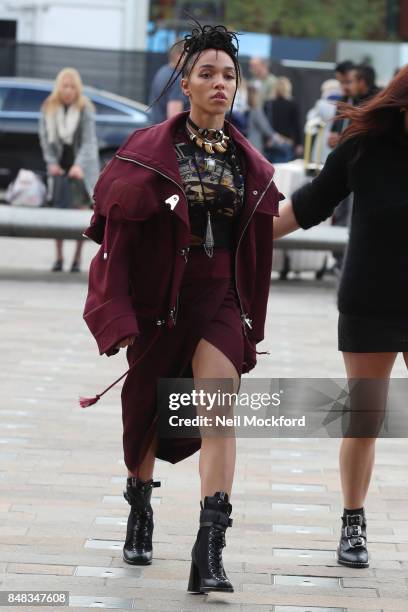 Twigs seen at VERSUS at Central Saint Martins during London Fashion Week September 2017 on September 17, 2017 in London, England.