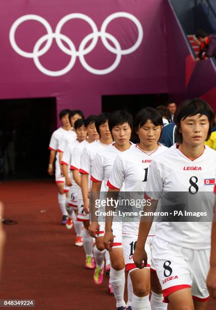 North Korea's Myong Hwa Jon walks out with her team before the Colombia v North Korea Women&Otilde;s Football, First Round, Group G match at Hampden...