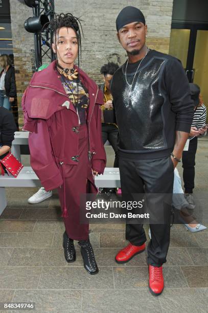 Twigs and Ne-Yo attend the Versus SS18 catwalk show during London Fashion Week September 2017 at Central St Martins on September 17, 2017 in London,...