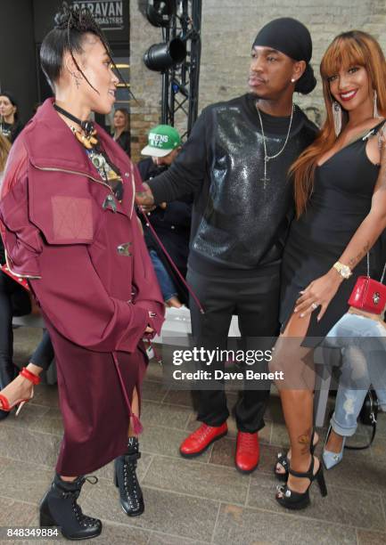 Twigs, Ne-Yo and Crystal Renay attend the Versus SS18 catwalk show during London Fashion Week September 2017 at Central St Martins on September 17,...