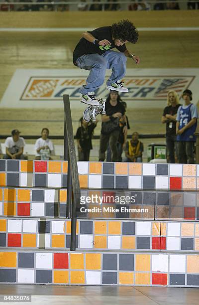 Paul Rodriguez nollieflip k-grind during the skateboard street finals at X Games XII being held at the Home Depot Center in Los Angeles, California...