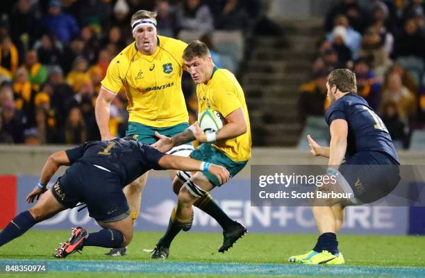 Sean McMahon of the Wallabies is tackled during The Rugby Championship match between the Australian Wallabies and the Argentina Pumas at Canberra...