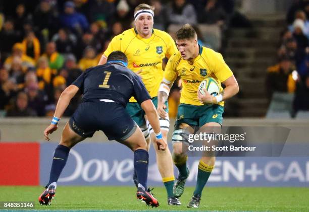 Sean McMahon of the Wallabies is tackled during The Rugby Championship match between the Australian Wallabies and the Argentina Pumas at Canberra...