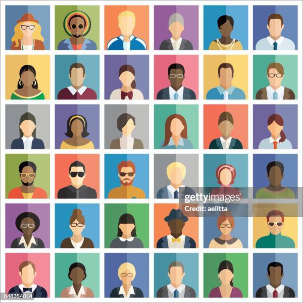 set of thirty-six flat square icons of people. - university asian students international portrait stock illustrations