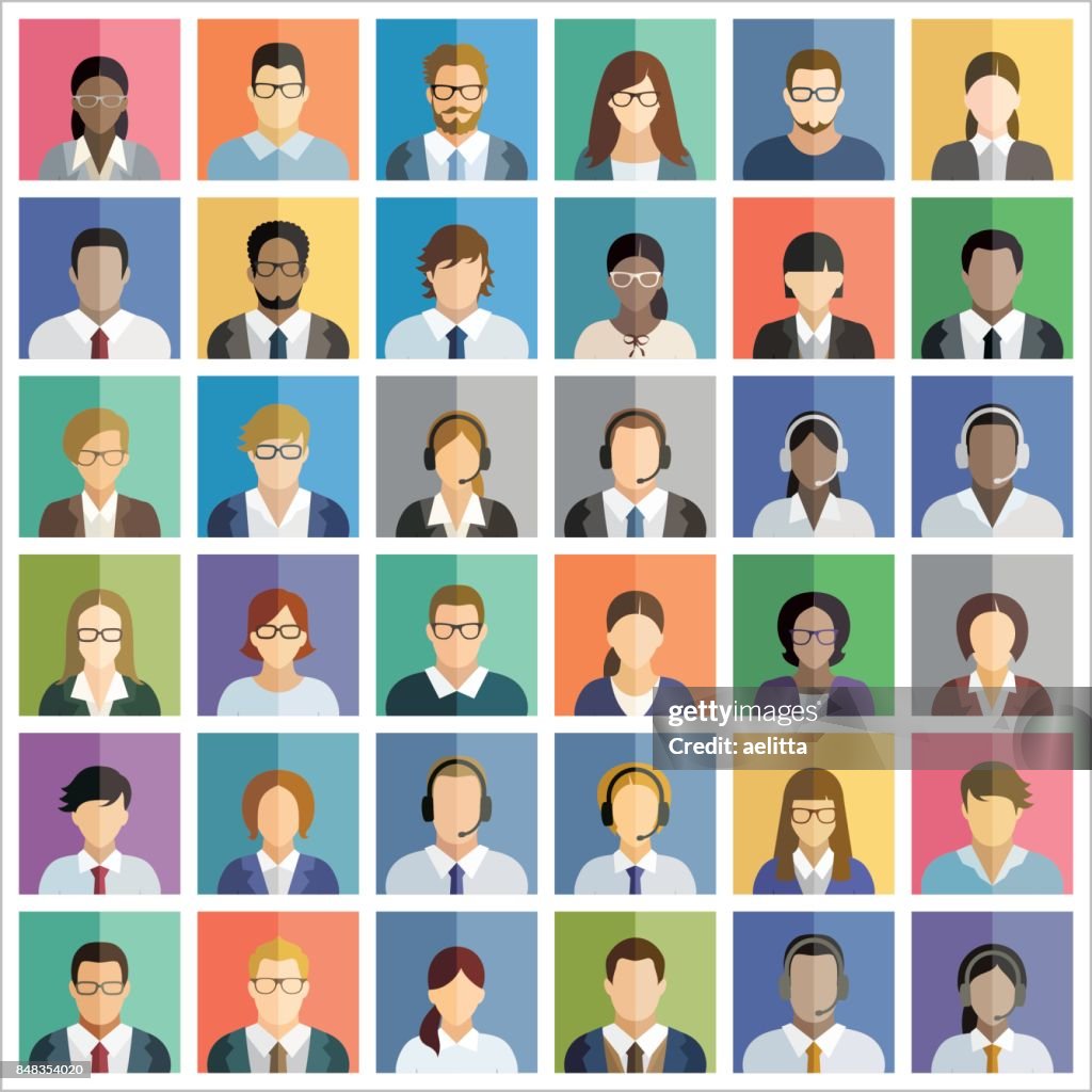 Set von sechsunddreißig quadratische Icons von Geschäftsleuten.