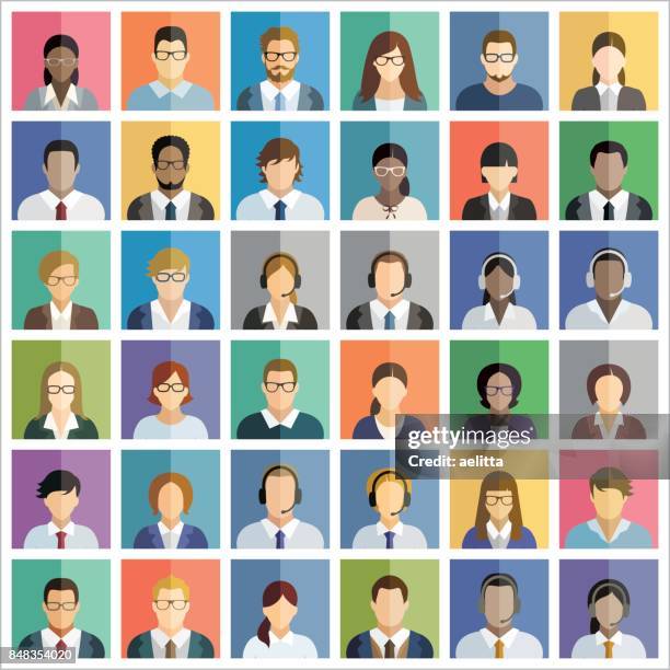 set von sechsunddreißig quadratische icons von geschäftsleuten. - telefonieren stock-grafiken, -clipart, -cartoons und -symbole