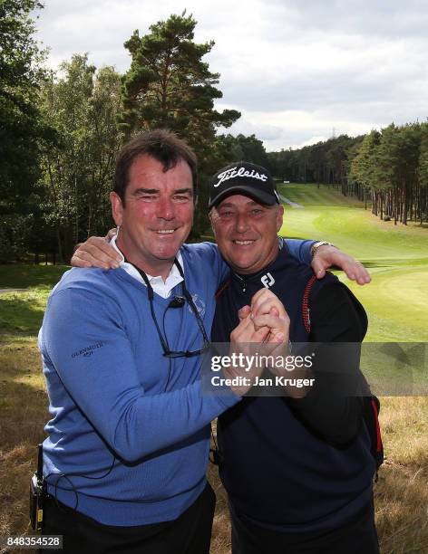 Albert MacKenzie, Captain of the Great Britain and Ireland PGA Cup team celebrate the win with Jon Bevan during the singles matches on the final day...