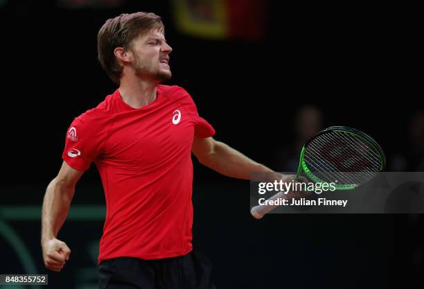 David Goffin of Belgium celebrates winning the second set against Nick Kyrgios of Australia during day three of the Davis Cup World Group semi final...