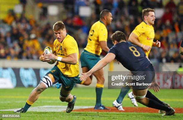 Sean McMahon of the Wallabies is tackled during The Rugby Championship match between the Australian Wallabies and the Argentina Pumas at Canberra...