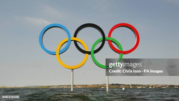 General view of Olympic rings set in the sea at the Weymouth and Portland Sailing Academy, the sailing venue of the London Olympics.
