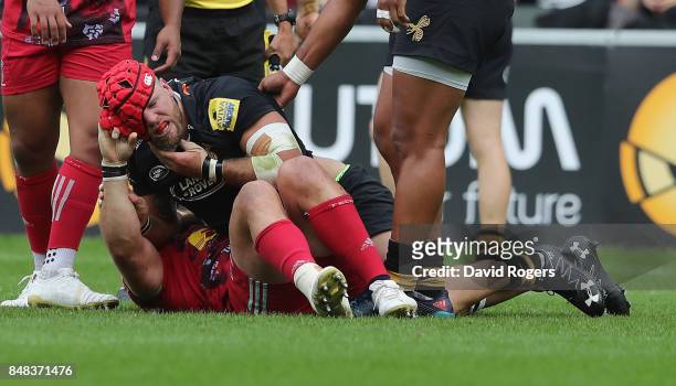 James Haskell of Wasps fights with Joe Marler, which led to Haskell being shown the yellow card during the Aviva Premiership match between Wasps and...