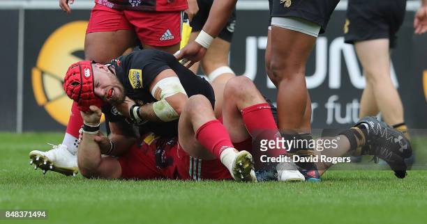 James Haskell of Wasps fights with Joe Marler, which led to Haskell being shown the yellow card during the Aviva Premiership match between Wasps and...
