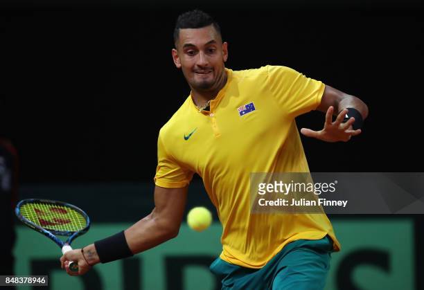 Nick Kyrgios of Australia in action against David Goffin of Belgium during day three of the Davis Cup World Group semi final match between Belgium...
