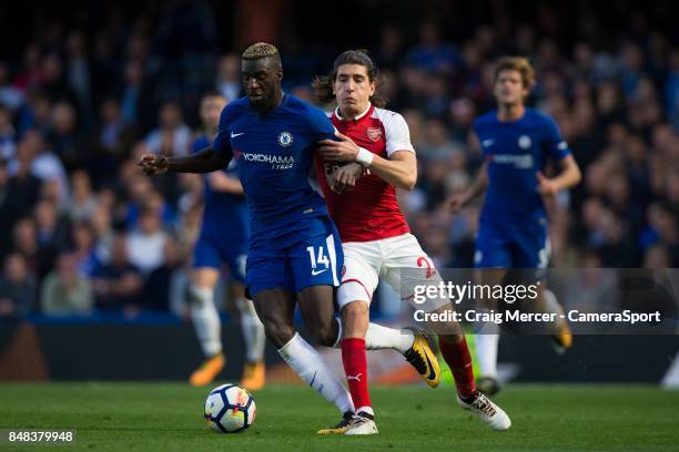 Chelsea's Tiemoue Bakayoko is fouled by Arsenal's Hector Bellerin during the Premier League match between Chelsea and Arsenal at Stamford Bridge on...