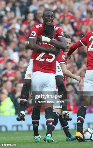 Antonio Valencia of Manchester United celebrates scoring their first goal during the Premier League match between Manchester United and Everton at...