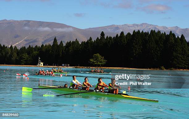 Ashley Keenan, Gemma Billingham. Claire Cummings, Shannon Adams and cox Rhiannon Yates from Petone in action during the Womens Novice Coxed Four on...