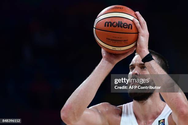 Spain's center Marc Gasol concentrates prior to a free throw during the FIBA Euro basket 2017 men's 3rd game match between Spain and Russia at...