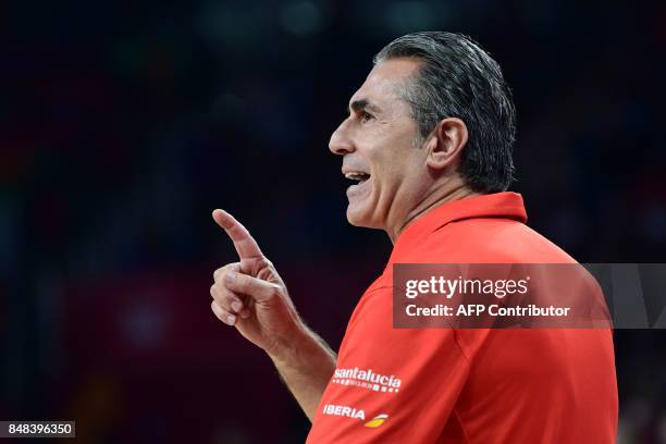 Spain's head coach Sergio Scariolo gestures during the FIBA Euro basket 2017 men's 3rd game match between Spain and Russia at Fenerbahce Ulker Sport...