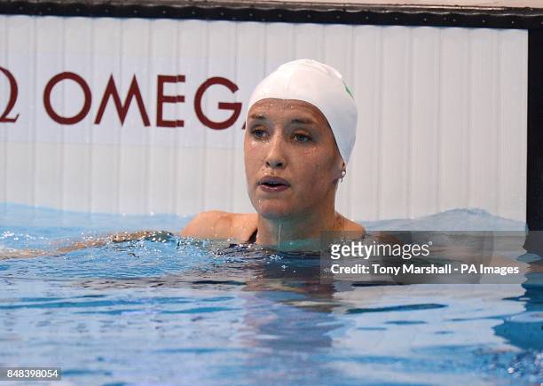 Republic of Ireland's Melanie Nocher after finishing seventh in the Women's 200m Backstroke Heat 2 at the Aquatics Centre, London.