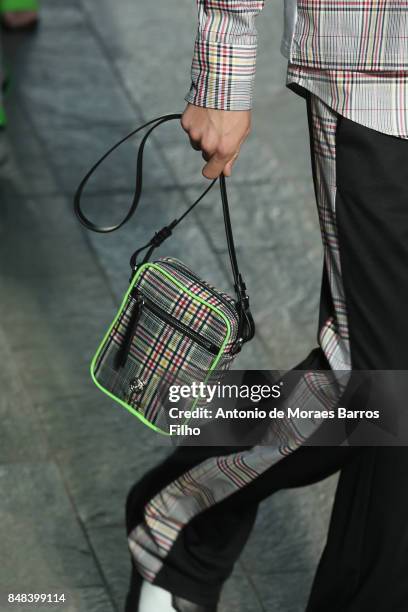 Model walks the runway, details, at the VERSUS show during London Fashion Week September 2017 on September 17, 2017 in London, England.