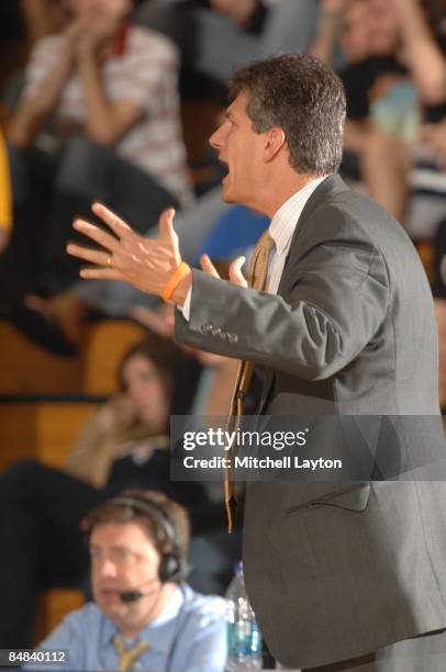 John Giannini, head coach of the La Salle Explores, during a college basketball game against the George Washington Colonials on February 11, 2009 at...