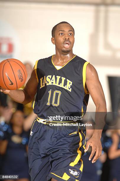 Rodney Green of the La Salle Explores dribbles up court during a college basketball game against the George Washington Colonials on February 11, 2009...