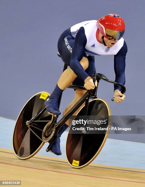 Great Britain's Chris Hoy in the team sprint qualifying on the first day of the track cycling at the Velodrome in the Olympic Park.