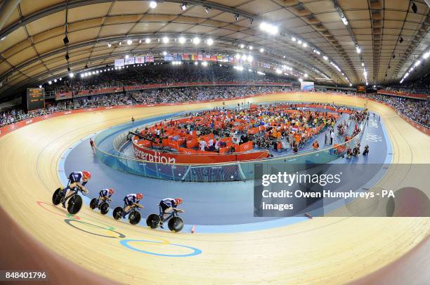 Great Britain's Ed Clancy, Geraint Thomas, Steven Burke and Peter Kennaugh ride to a World Record in the team pursuit qualifying on the first day of...