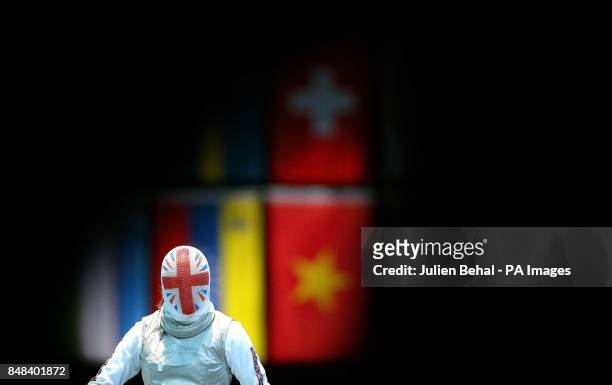Great Britain's Anna Bentley in action against Poland's Sylwia Gruchala during the Women's Foil Team Fencing at the ExCel Arena, London, on the sixth...