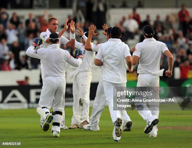 England's Stuart Broad celebrates taking the wicket of South Africa's AB de Villiers during the Investec Second Test match at Headingley Carnegie,...