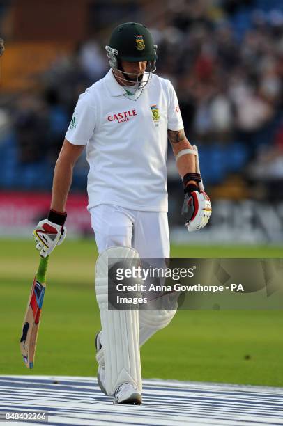 South Africa's Dale Steyn leaves the field after being bowled out for a duck by Steve Finn during the Investec Second Test match at Headingley...