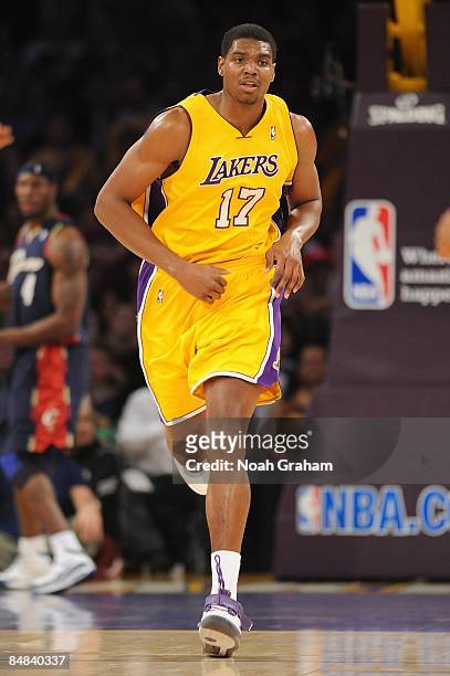Andrew Bynum of the Los Angeles Lakers runs upcourt during the game against the Cleveland Cavaliers at Staples Center on January 19, 2009 in Los...