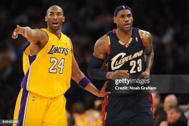 Kobe Bryant of the Los Angeles Lakers guards LeBron James of the Cleveland Cavaliers during the game at Staples Center on January 19, 2009 in Los...