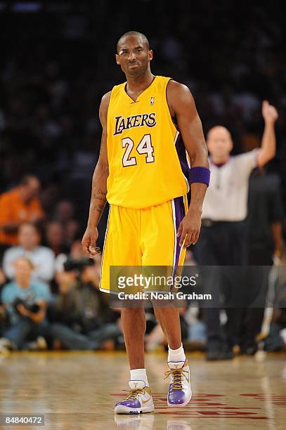 Kobe Bryant of the Los Angeles Lakers looks on during the game against the Cleveland Cavaliers at Staples Center on January 19, 2009 in Los Angeles,...