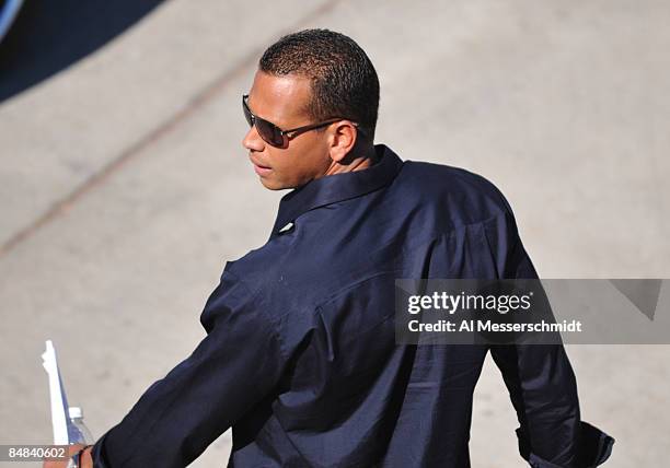 Infielder Alex Rodriguez of the New York Yankees leaves after speaking at a press conference February 17, 2008 at the George M. Steinbrenner Field...