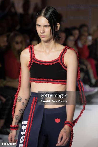 Model walks the runway of Nicopanda show during London Fashion Week September 2017, London on September 16, 2017.